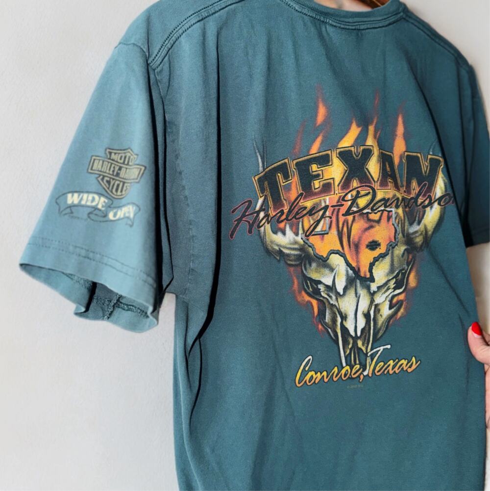 08’ Harley-Davidson Conroe Texas Longhorn Skull Graphic T-Shirt Men’s L Blue